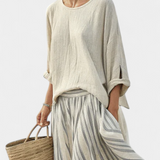 Souprava Casual Daisy s Oversize Tričkem a Midi Sukní s Pruhy z Lněného Bambusu pro Elegantní a Pohodlný Styl