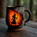 Zábavný 3D Halloween hrnek ručně vyrobený – design čarodějnice a kočky