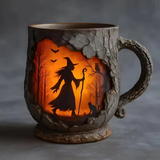 Zábavný 3D Halloween hrnek ručně vyrobený – design čarodějnice a kočky
