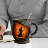 Zábavný 3D Halloween hrnek ručně vyrobený – design čarodějnice a kočky